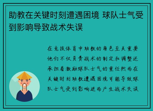 助教在关键时刻遭遇困境 球队士气受到影响导致战术失误