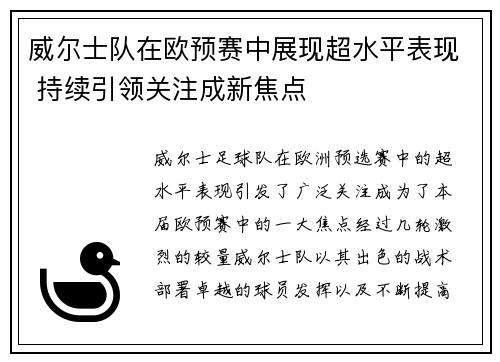 威尔士队在欧预赛中展现超水平表现 持续引领关注成新焦点