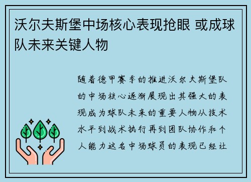 沃尔夫斯堡中场核心表现抢眼 或成球队未来关键人物