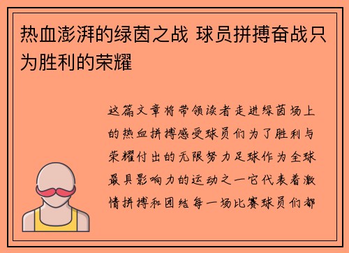 热血澎湃的绿茵之战 球员拼搏奋战只为胜利的荣耀