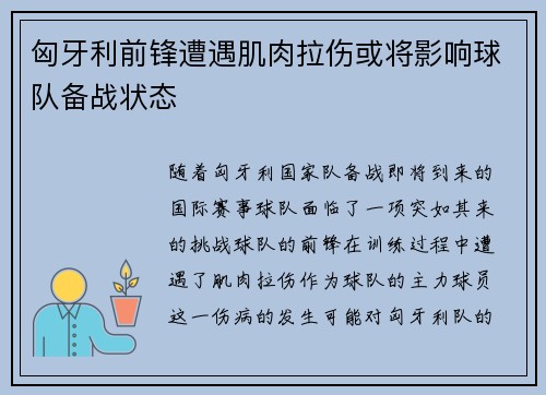 匈牙利前锋遭遇肌肉拉伤或将影响球队备战状态