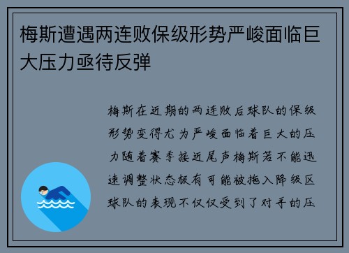 梅斯遭遇两连败保级形势严峻面临巨大压力亟待反弹
