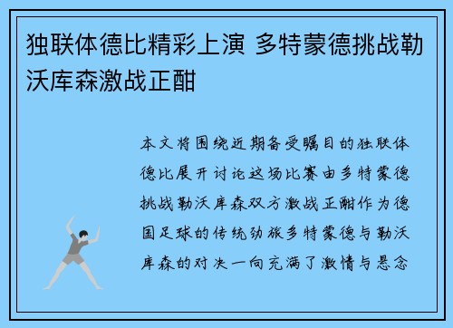 独联体德比精彩上演 多特蒙德挑战勒沃库森激战正酣