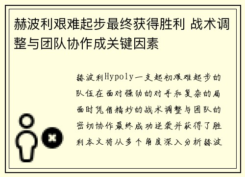 赫波利艰难起步最终获得胜利 战术调整与团队协作成关键因素