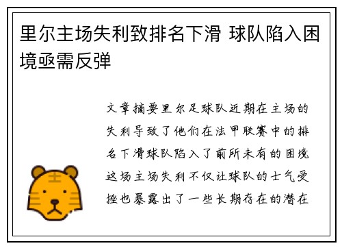 里尔主场失利致排名下滑 球队陷入困境亟需反弹